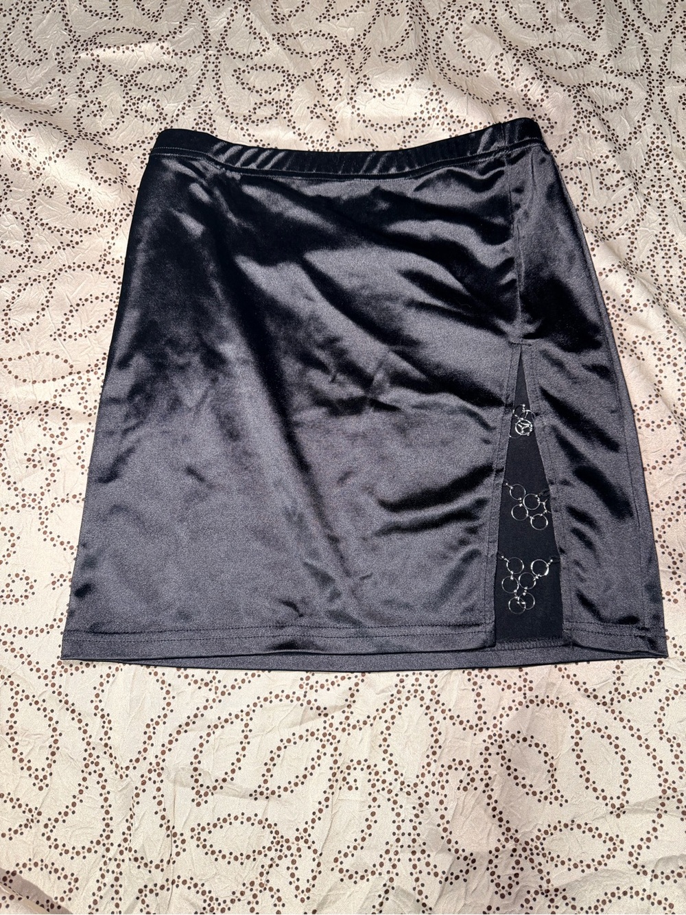 Black Satin Mini Skirt Y2K Slit Detail Stretch
